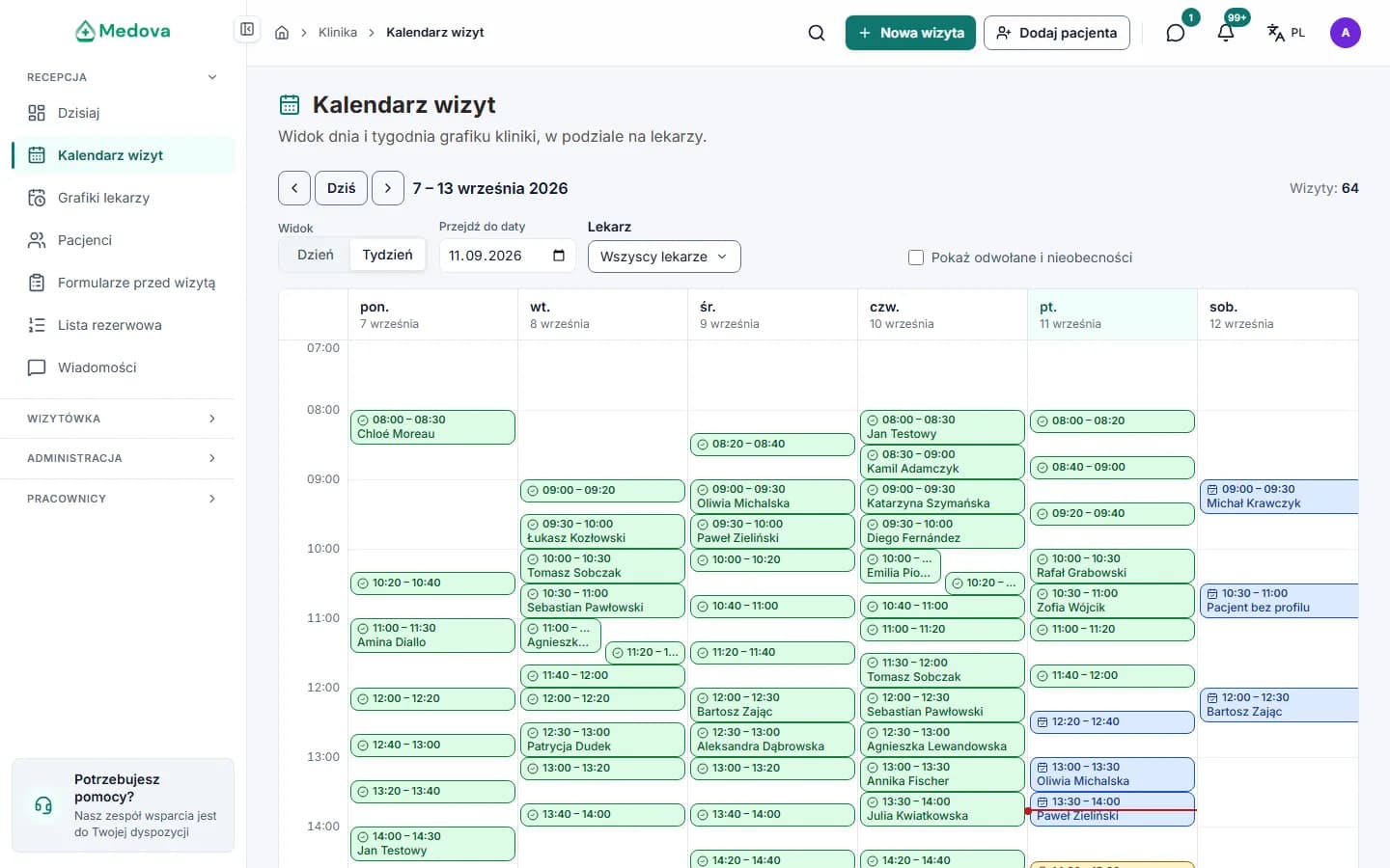 Kalendarz wizyt w panelu Medova: dzień pracy kliniki z wizytami przypisanymi do gabinetów